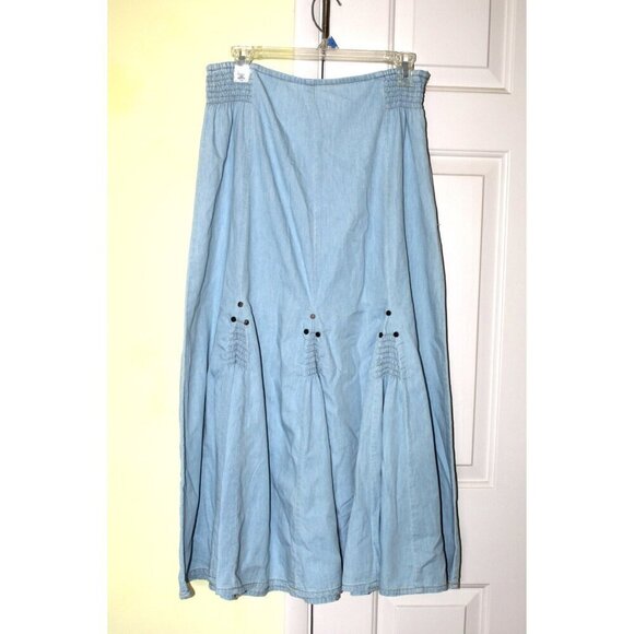 Vtg Live a Little Chambray Midi Gathered Blue Skirt Y2K Elastic Waist Size 12 - Picture 1 of 11